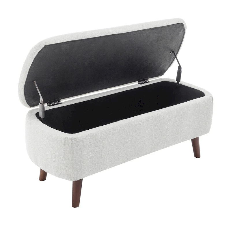 Banc de rangement Celia en tissu bouclé avec pieds en bois d'hévéa