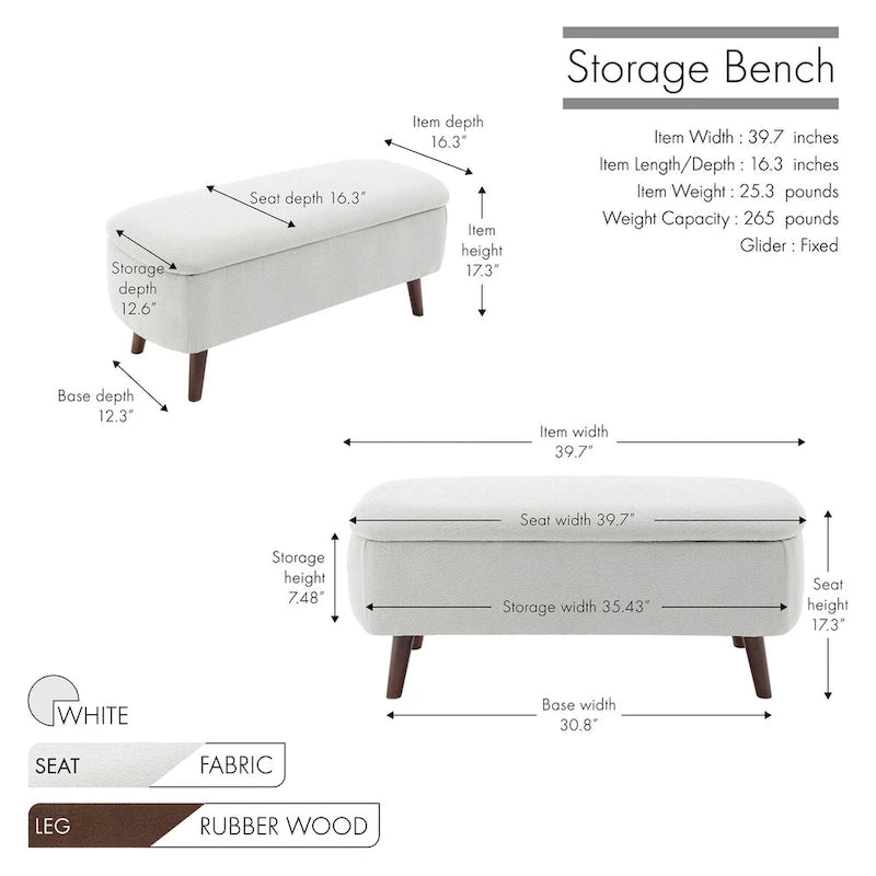 Banc de rangement Celia en tissu bouclé avec pieds en bois d'hévéa