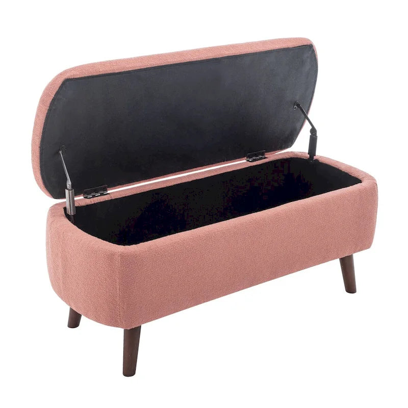 Banc de rangement Celia en tissu bouclé avec pieds en bois d'hévéa