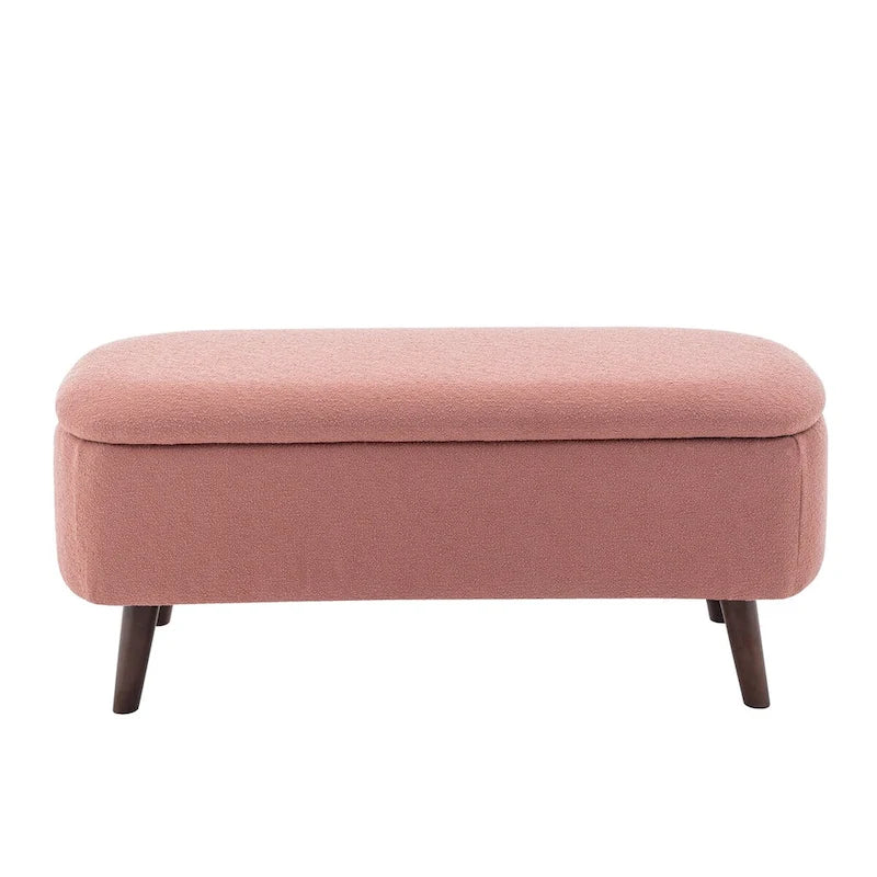Banc de rangement Celia en tissu bouclé avec pieds en bois d'hévéa