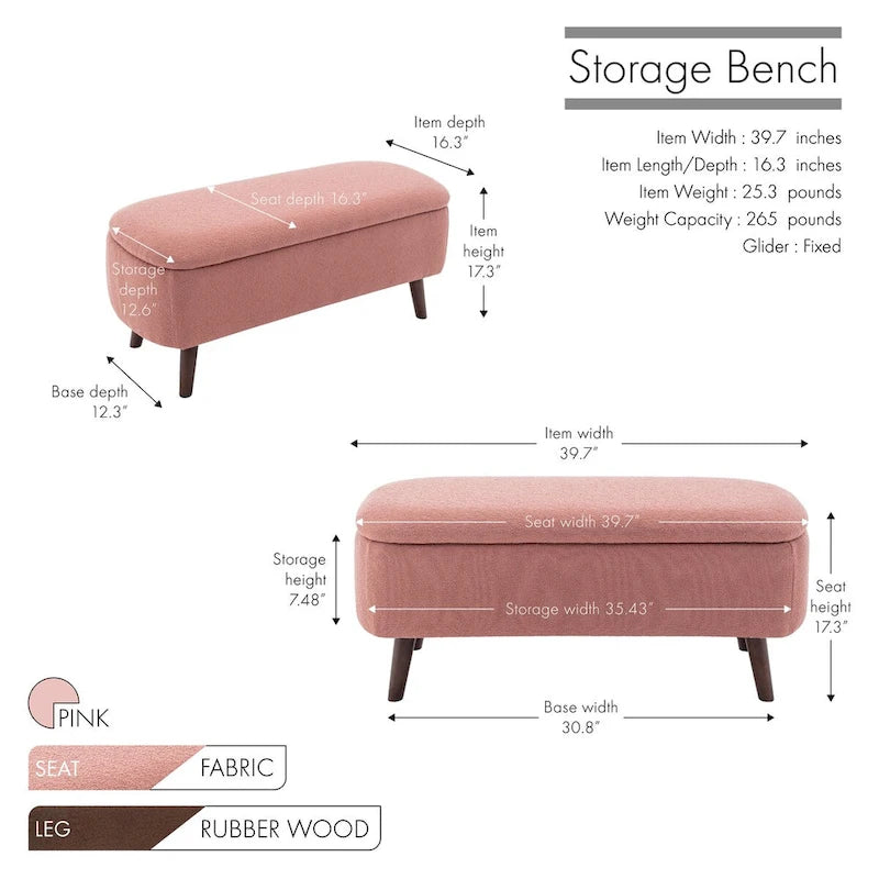 Banc de rangement Celia en tissu bouclé avec pieds en bois d'hévéa