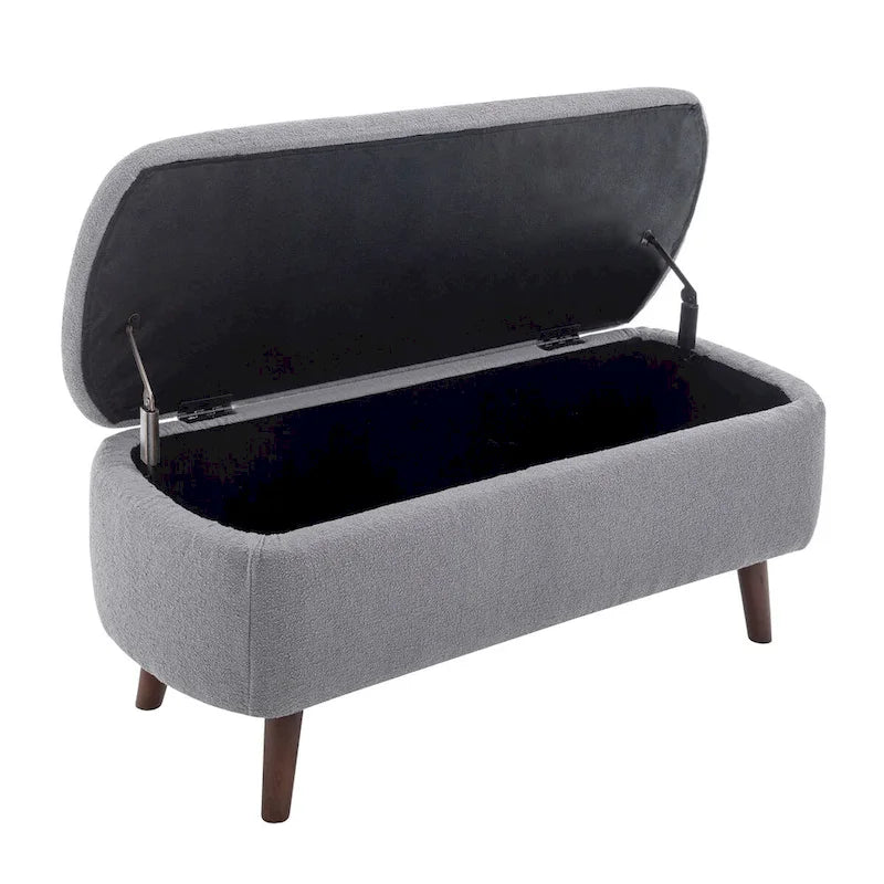 Banc de rangement Celia en tissu bouclé avec pieds en bois d'hévéa