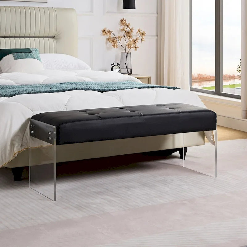  Upholstered Entryway Bench, Faux Leather Bedroom/Living Room Bench, Acrylic Base 44.7-inch