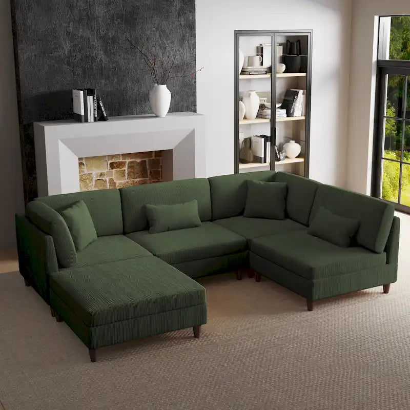 Ensemble canapé modulable en velours côtelé avec ottoman