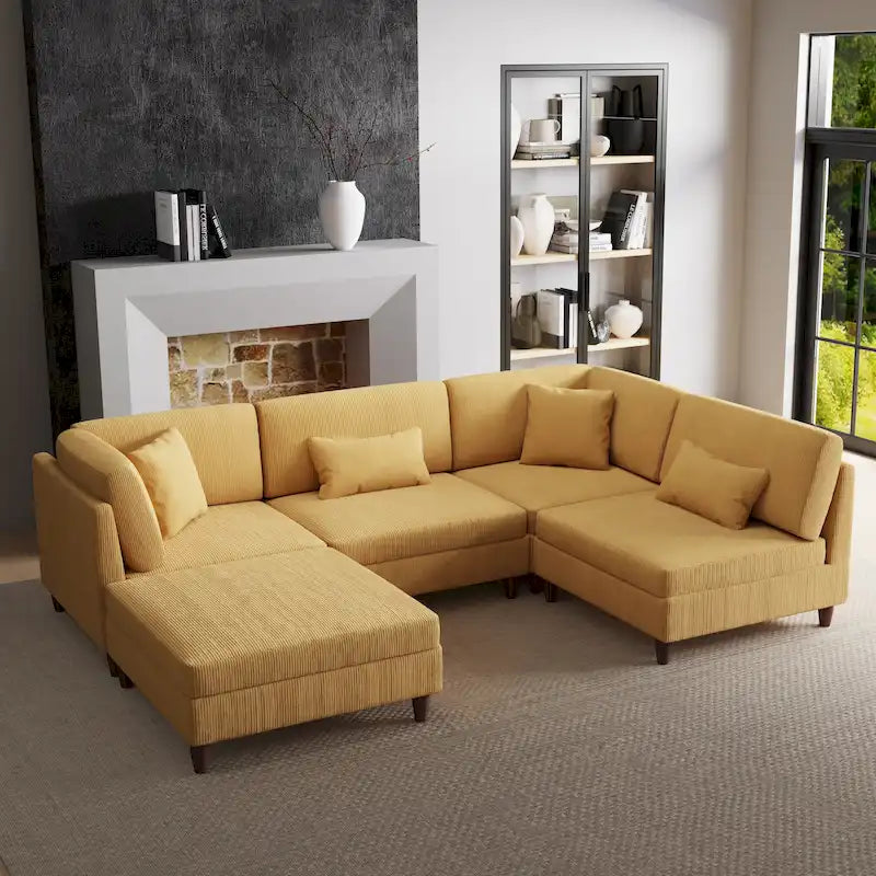 Ensemble canapé modulable en velours côtelé avec ottoman