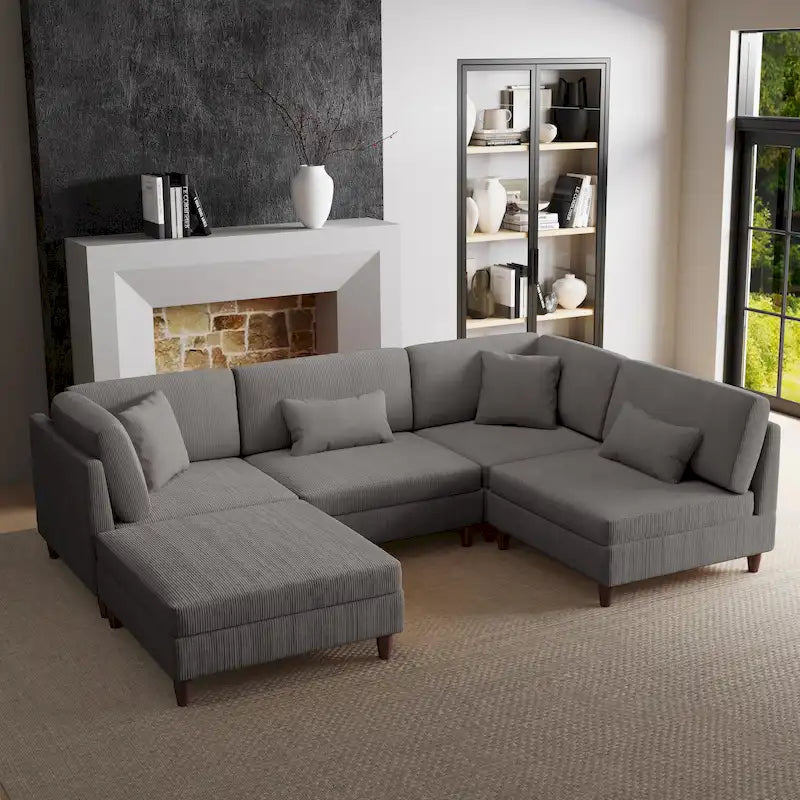 Ensemble canapé modulable en velours côtelé avec ottoman