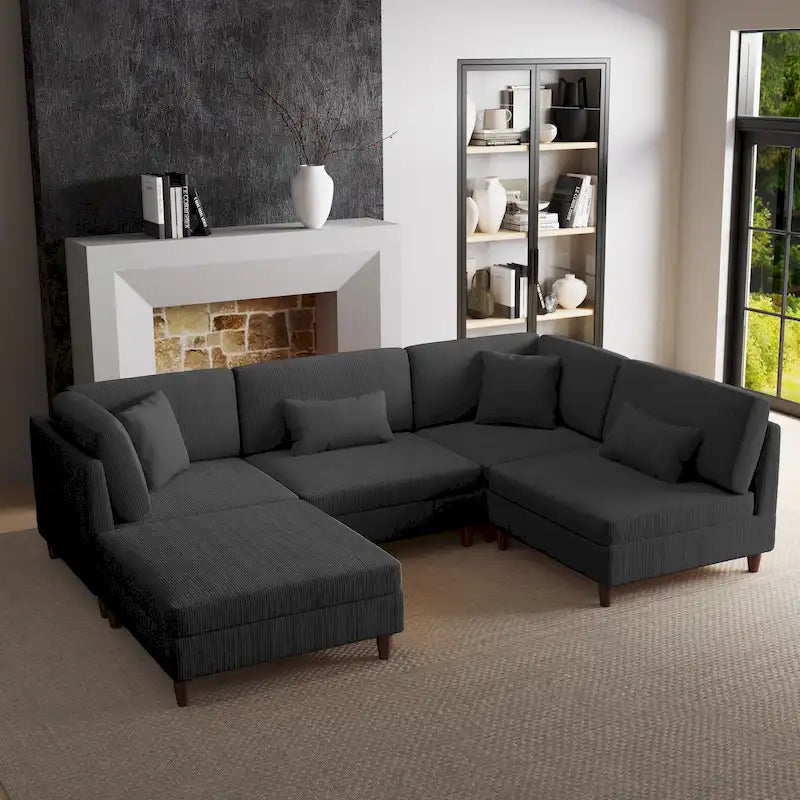 Ensemble canapé modulable en velours côtelé avec ottoman