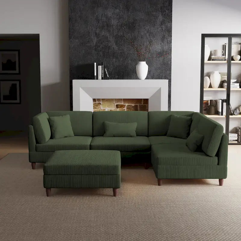 Ensemble canapé modulable en velours côtelé avec ottoman
