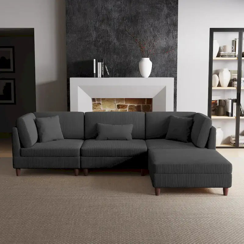 Ensemble canapé modulable en velours côtelé avec ottoman
