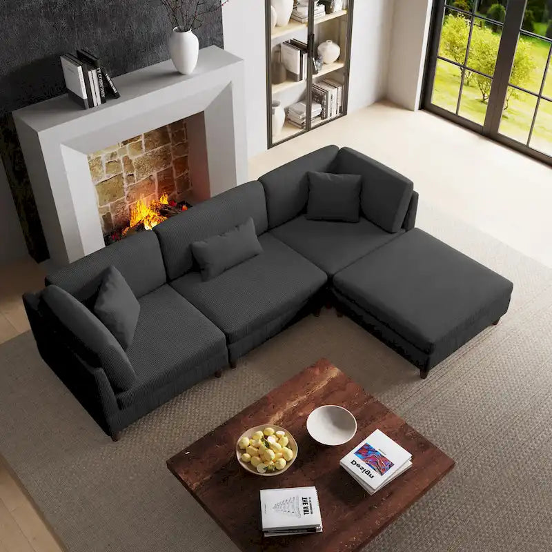 Ensemble canapé modulable en velours côtelé avec ottoman