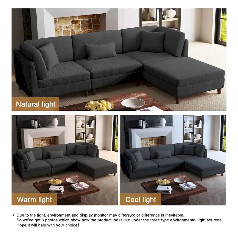 Ensemble canapé modulable en velours côtelé avec ottoman