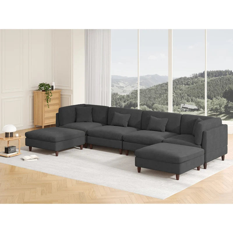 Ensemble canapé modulable en velours côtelé avec ottoman