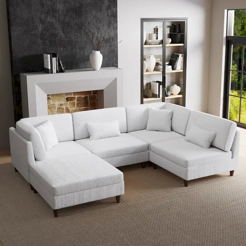 Ensemble canapé modulable en velours côtelé avec ottoman