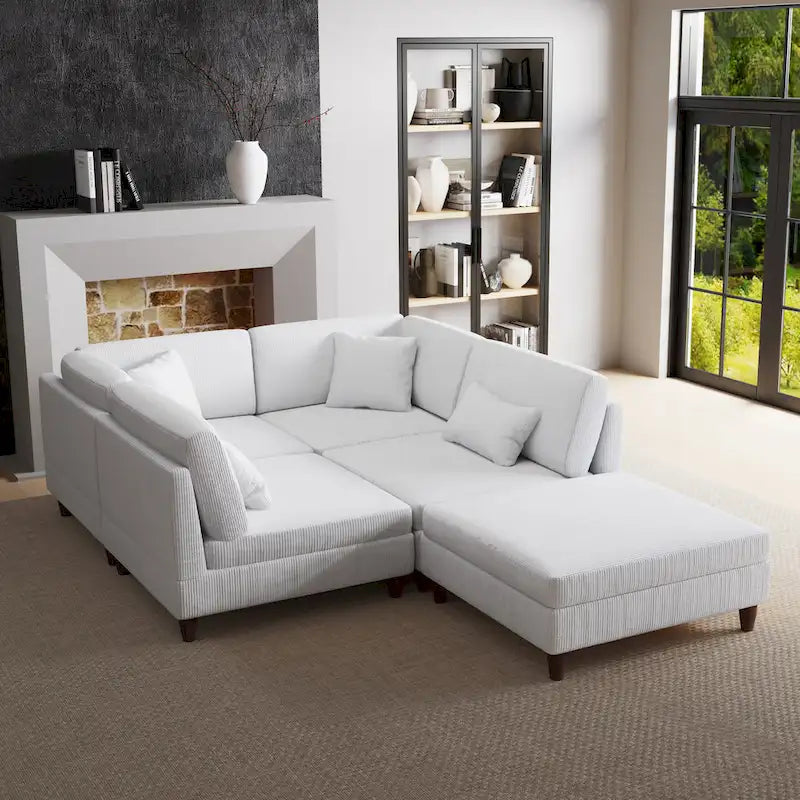 Ensemble canapé modulable en velours côtelé avec ottoman