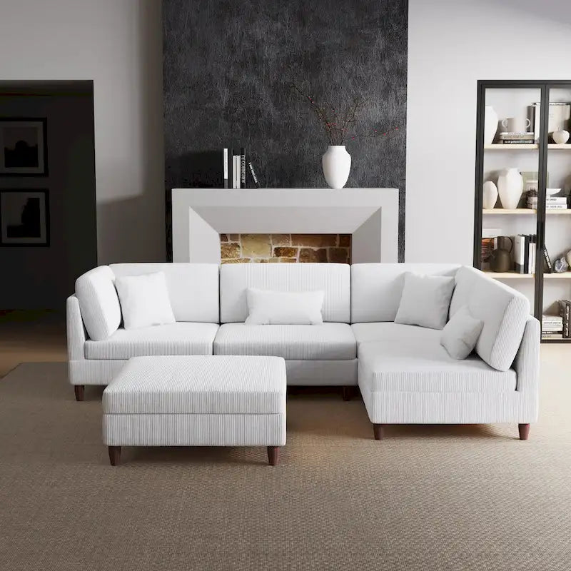 Ensemble canapé modulable en velours côtelé avec ottoman