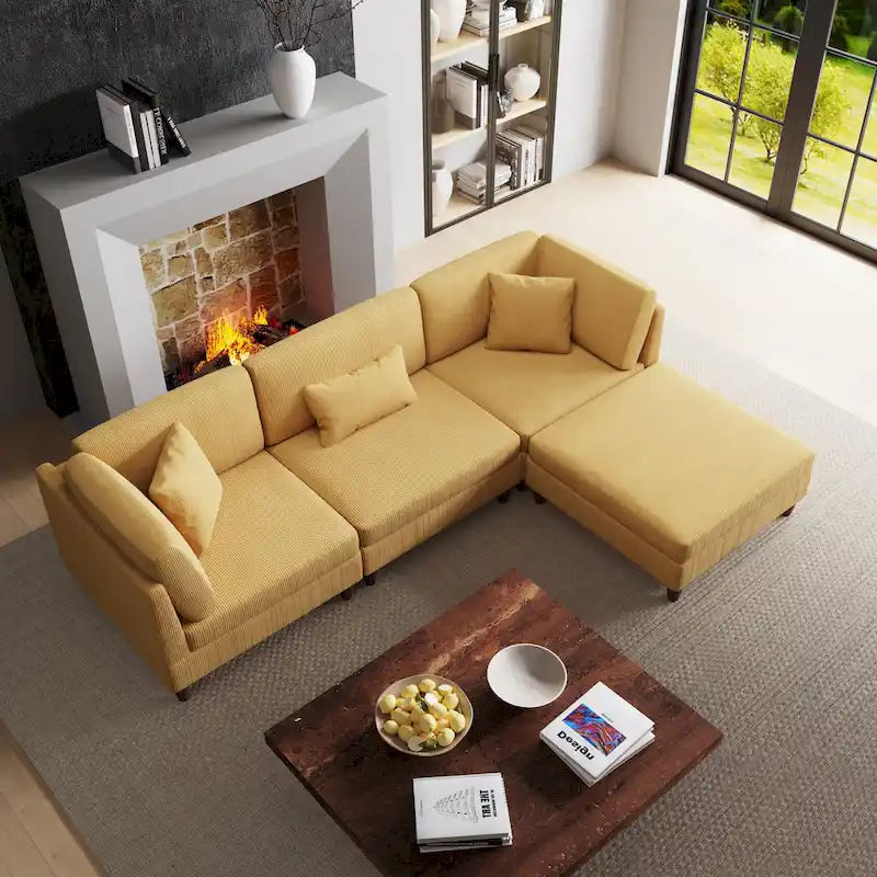 Ensemble canapé modulable en velours côtelé avec ottoman
