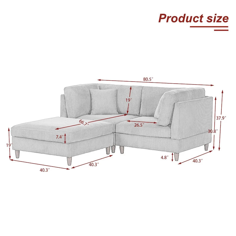 Ensemble canapé modulable en velours côtelé avec ottoman