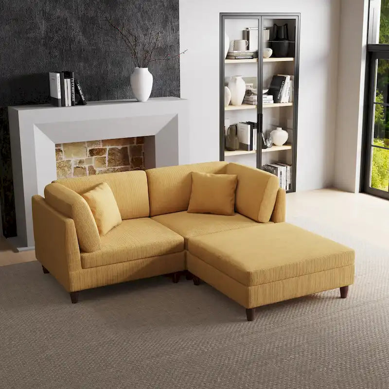 Ensemble canapé modulable en velours côtelé avec ottoman