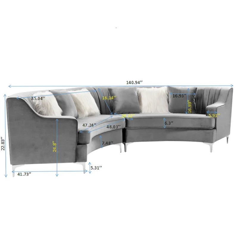 Canapé d'angle incurvé en velours capitonné avec coussins