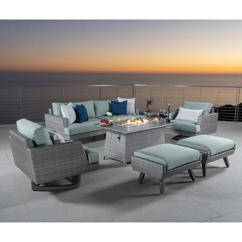 Ensemble de conversation d'extérieur Portofino Casual 7 pièces avec braséro, fonction pivotante et coussins Sunbrella