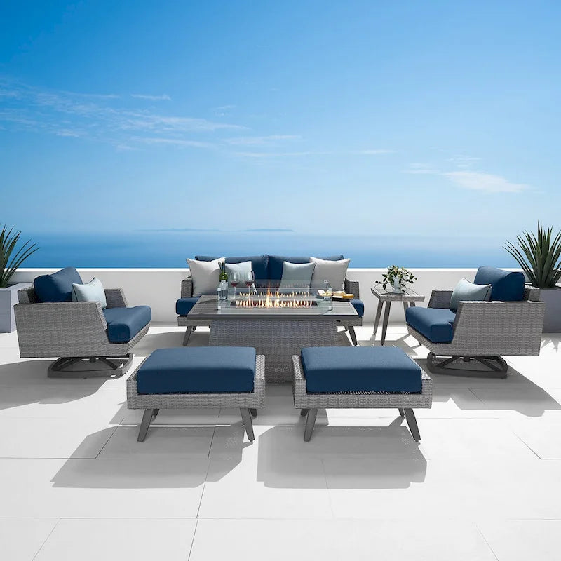 Ensemble de conversation d'extérieur Portofino Casual 7 pièces avec braséro, fonction pivotante et coussins Sunbrella