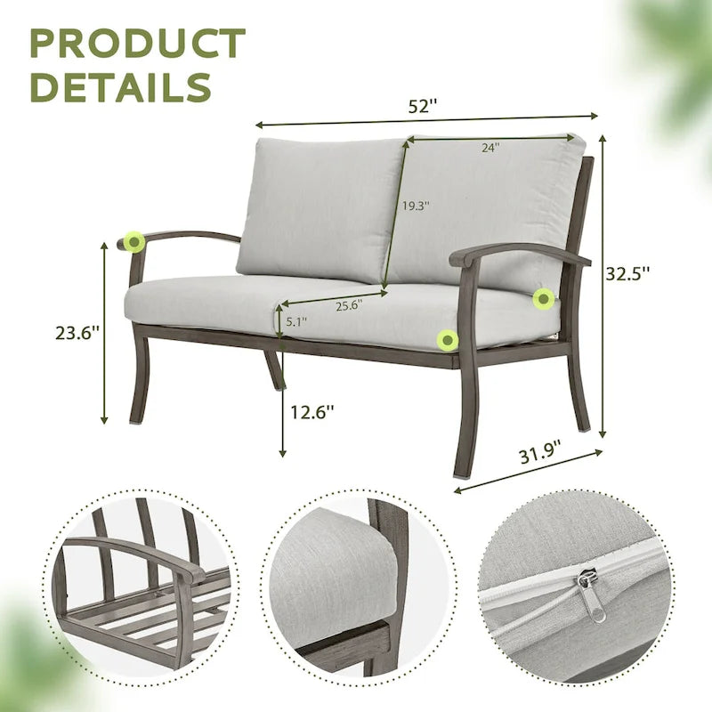 Ensemble de conversation en aluminium 4 places pour patio avec table basse, causeuse et coussins gris clair