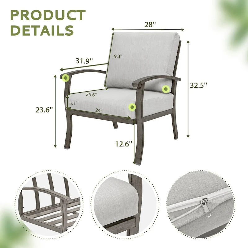Ensemble de conversation en aluminium 4 places pour patio avec table basse, causeuse et coussins gris clair
