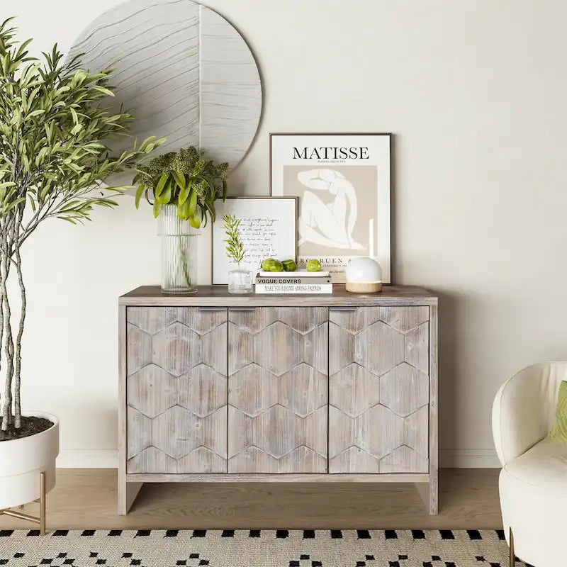 Farmhouse Style 3 Door Wooden Buffet Server Storage Cabinet