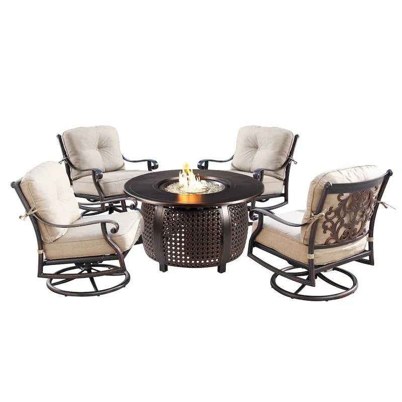 Ensemble table de brasero ronde en aluminium de 112 cm pour l'extérieur avec quatre fauteuils pivotants à bascule profonds et accessoires