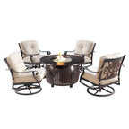 Ensemble table de brasero ronde en aluminium de 112 cm pour l'extérieur avec quatre fauteuils pivotants à bascule profonds et accessoires