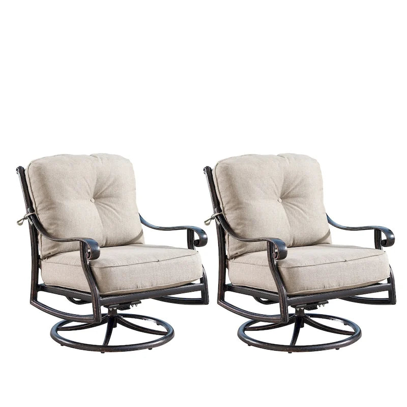 Ensemble table de brasero ronde en aluminium de 112 cm pour l'extérieur avec quatre fauteuils pivotants à bascule profonds et accessoires