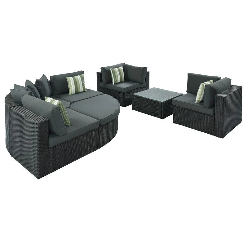 Ensemble de canapé de conversation extérieur en osier 7 pièces avec coussins rayés verts
