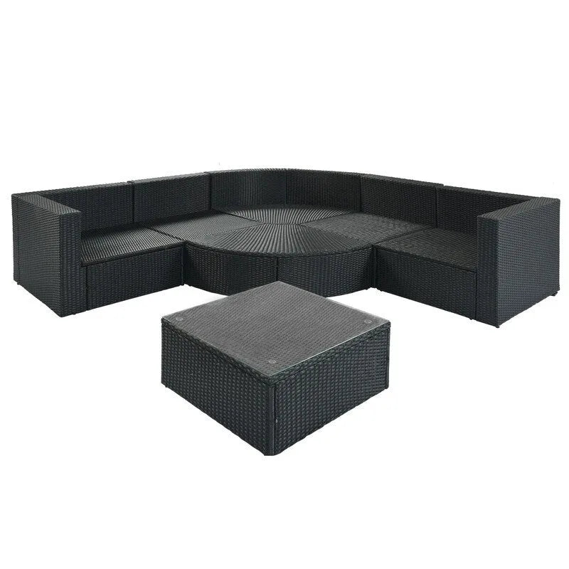 Ensemble de canapé de conversation extérieur en osier 7 pièces avec coussins rayés verts