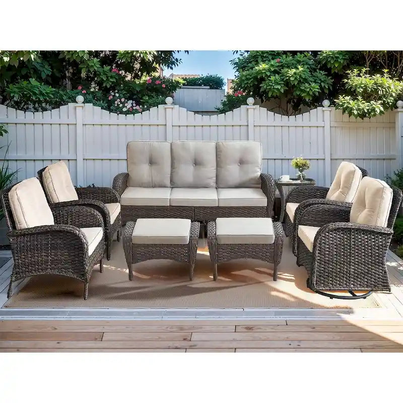 Canapé en rotin avec fauteuils à bascule pivotants et poufs - Marron