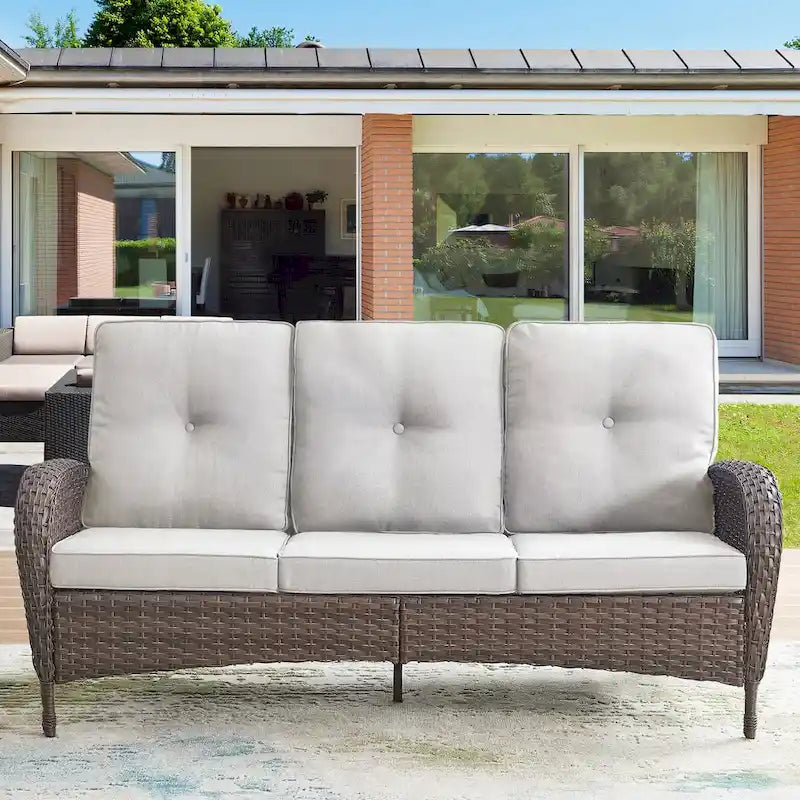 Canapé en rotin avec fauteuils à bascule pivotants et poufs - Marron