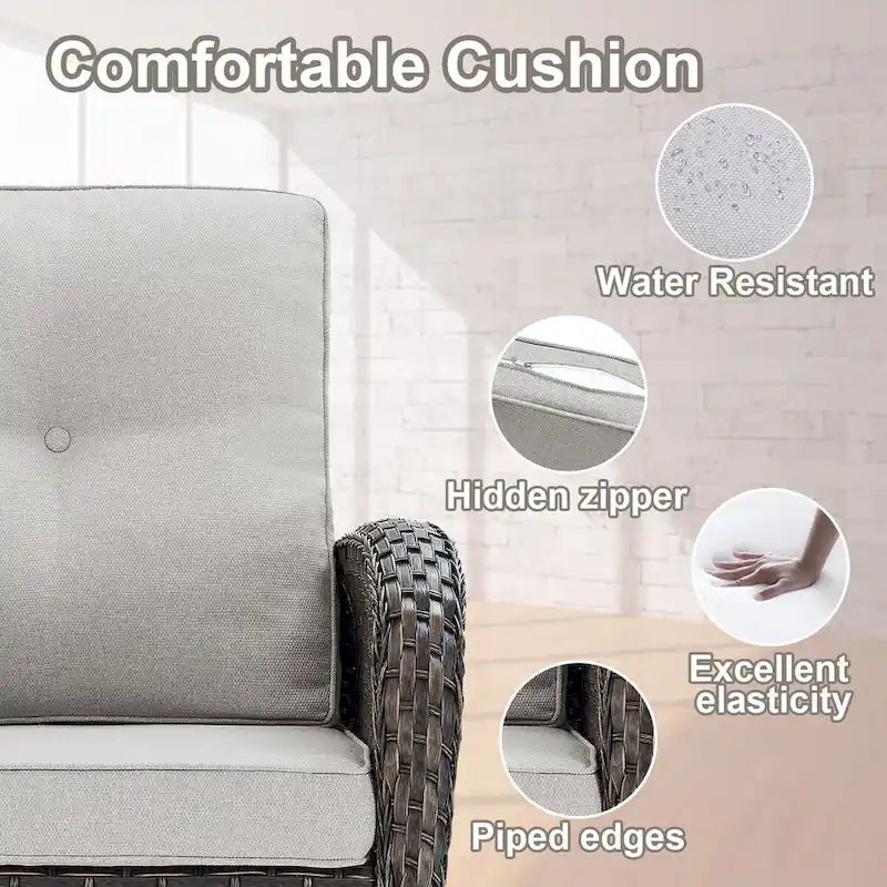 Canapé en rotin avec fauteuils à bascule pivotants et poufs - Marron