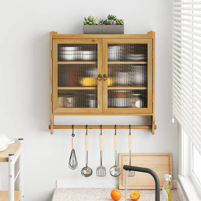 24.8Porte-Verre Double Porte Vintage Armoire Murale à Trois Niveaux de Rangement Avec Porte-Serviettes, Couleur Bois Originale