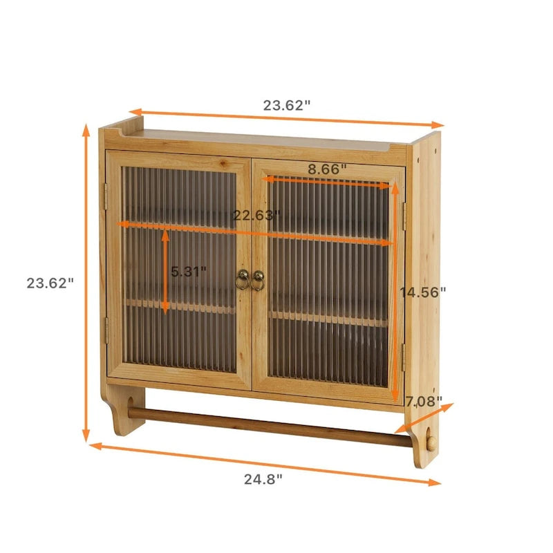 24.8Porte-Verre Double Porte Vintage Armoire Murale à Trois Niveaux de Rangement Avec Porte-Serviettes, Couleur Bois Originale