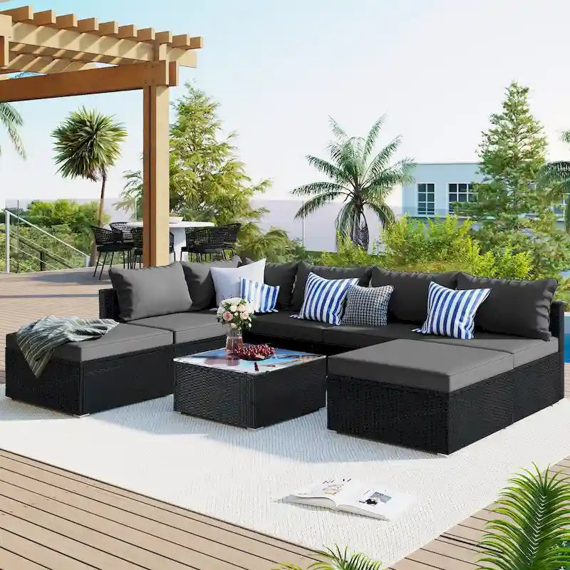 Canapé d'angle réversible de jardin en osier 8 pièces avec coussins
