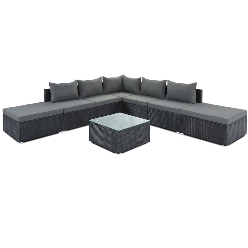 Canapé d'angle réversible de jardin en osier 8 pièces avec coussins