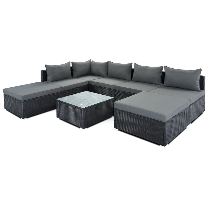 Canapé d'angle réversible de jardin en osier 8 pièces avec coussins