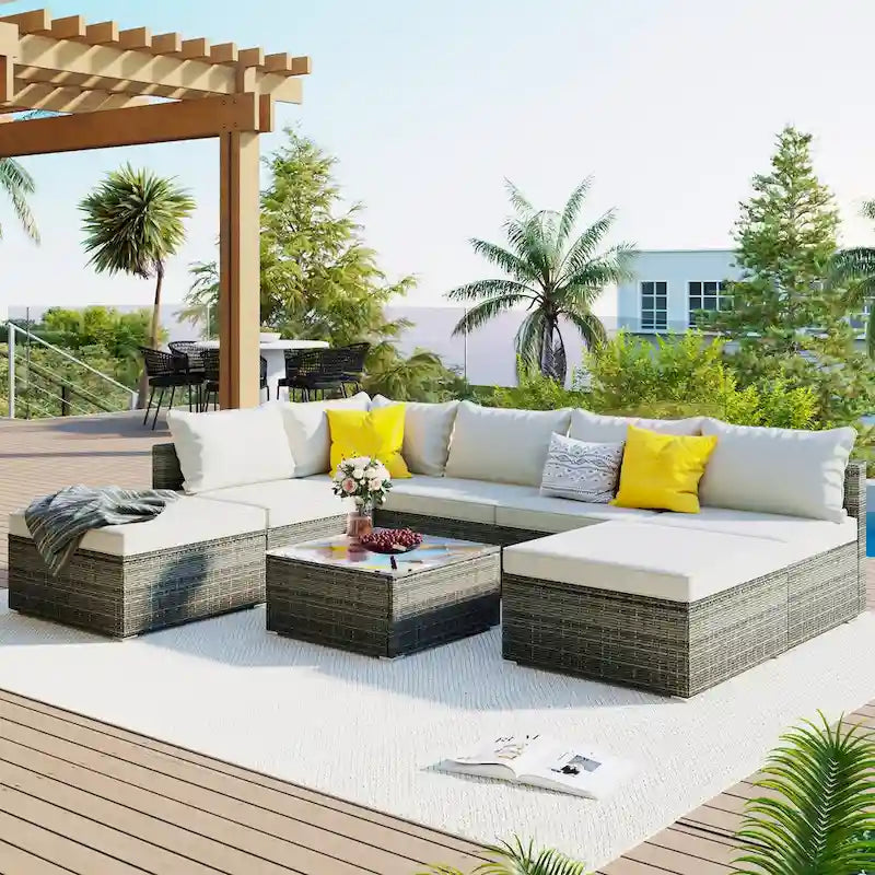 Canapé d'angle réversible de jardin en osier 8 pièces avec coussins