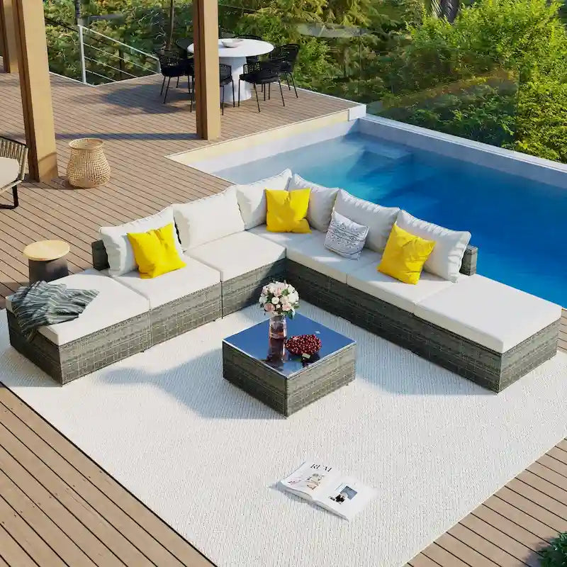 Canapé d'angle réversible de jardin en osier 8 pièces avec coussins