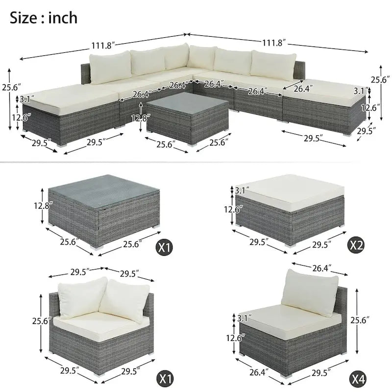 Canapé d'angle réversible de jardin en osier 8 pièces avec coussins