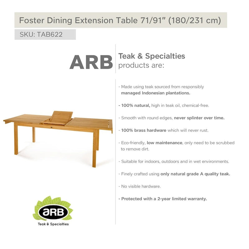 Table à manger en teck extensible Foster rectangulaire 180/230 x 91 cm
