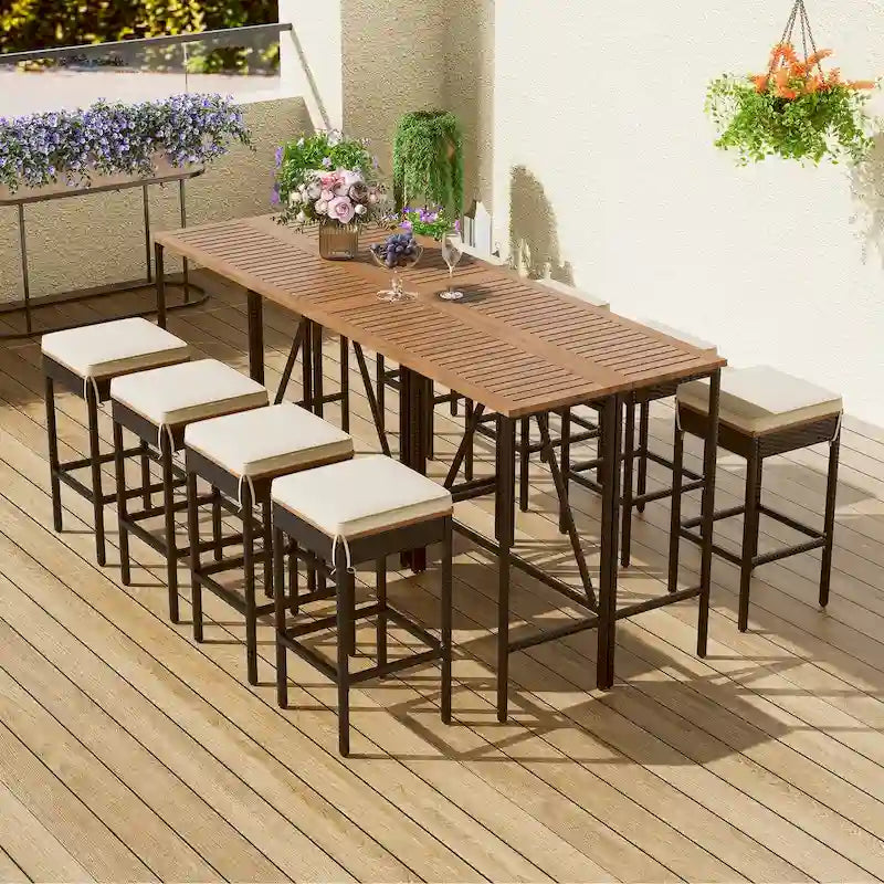 Table d'extérieur 10 pièces, 8 tabourets avec coussins, table à manger en rotin PE, plateau pliable, mobilier de patio tout temps