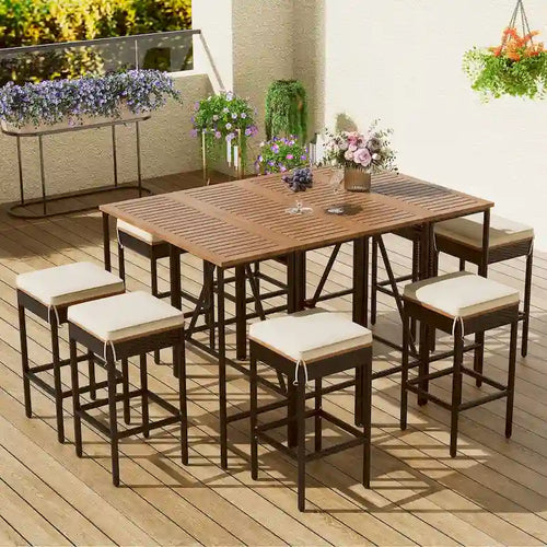 Table d'extérieur 10 pièces, 8 tabourets avec coussins, table à manger en rotin PE, plateau pliable, mobilier de patio tout temps