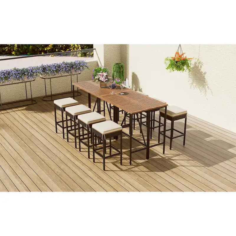 Table d'extérieur 10 pièces, 8 tabourets avec coussins, table à manger en rotin PE, plateau pliable, mobilier de patio tout temps