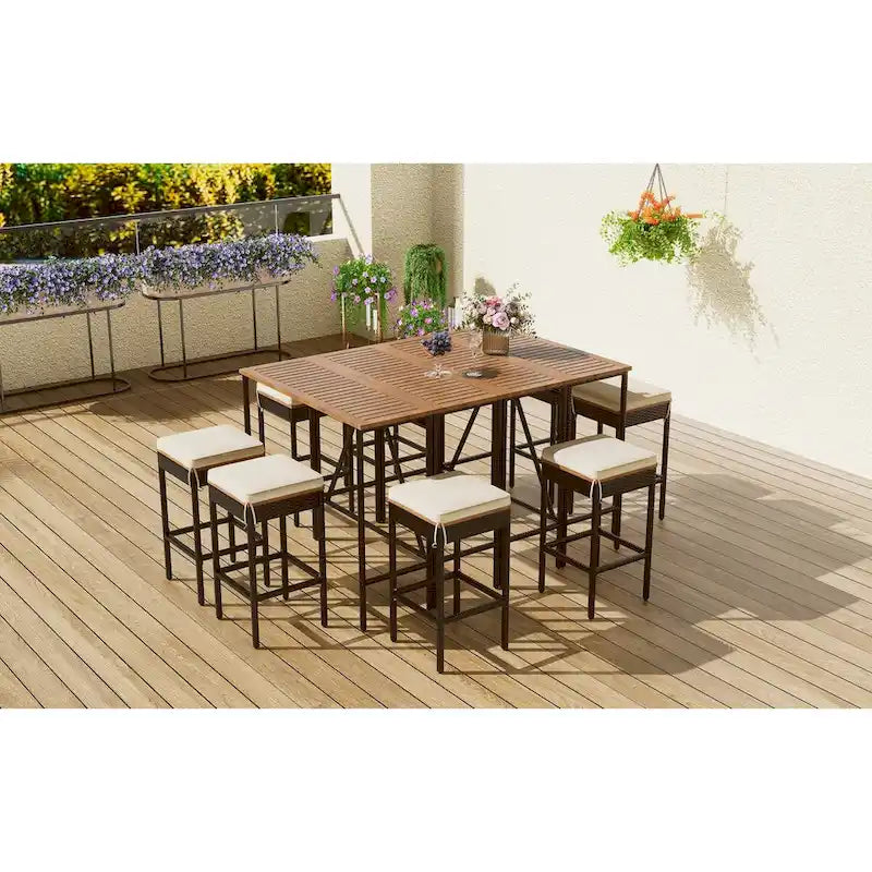 Table d'extérieur 10 pièces, 8 tabourets avec coussins, table à manger en rotin PE, plateau pliable, mobilier de patio tout temps