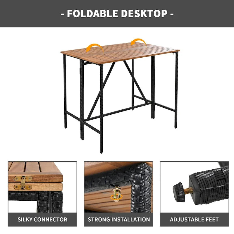 Table d'extérieur 10 pièces, 8 tabourets avec coussins, table à manger en rotin PE, plateau pliable, mobilier de patio tout temps